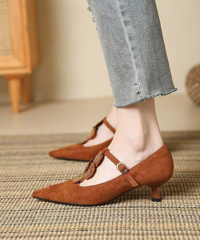 Brown Pointed Toe Suede Women Splicing High Heels