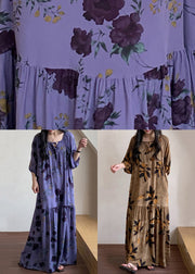 Brown Prin Lace Up Cotton Summer Pajamas Maxi Dress O Neck