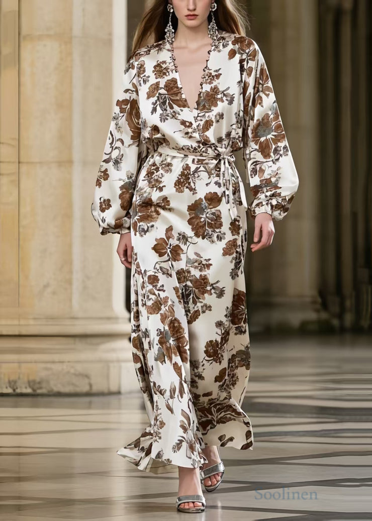 Brown Print Draping Silk Vacation Dresses Tie Waist Spring
