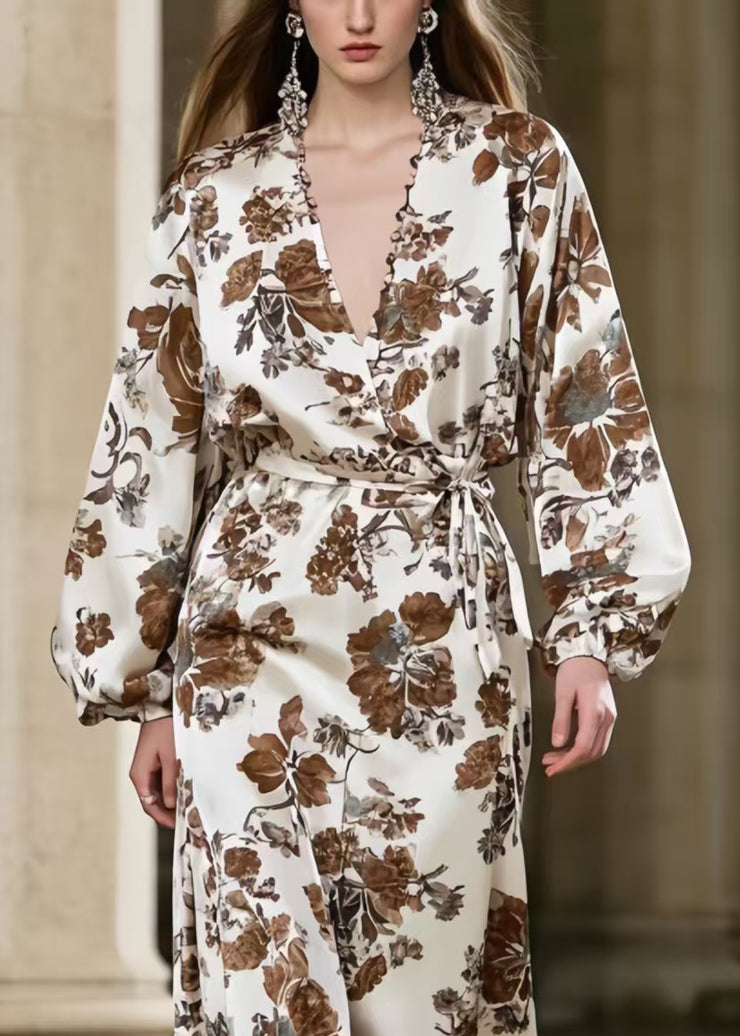 Brown Print Draping Silk Vacation Dresses Tie Waist Spring