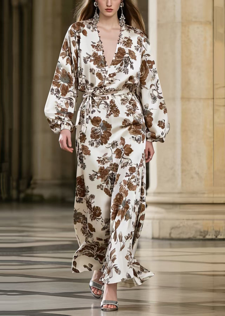 Brown Print Draping Silk Vacation Dresses Tie Waist Spring