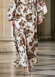 Brown Print Draping Silk Vacation Dresses Tie Waist Spring