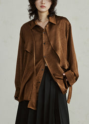 Brown Shirt Ribbon Peter Pan Collar Fall