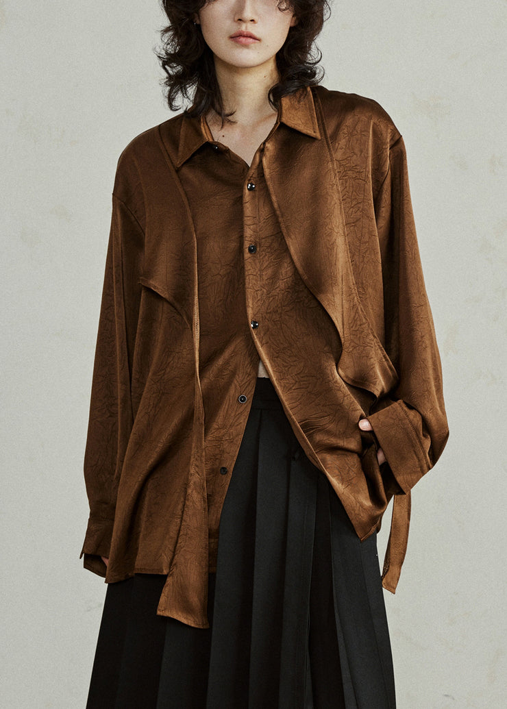 Brown Shirt Ribbon Peter Pan Collar Fall