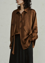 Brown Shirt Ribbon Peter Pan Collar Fall