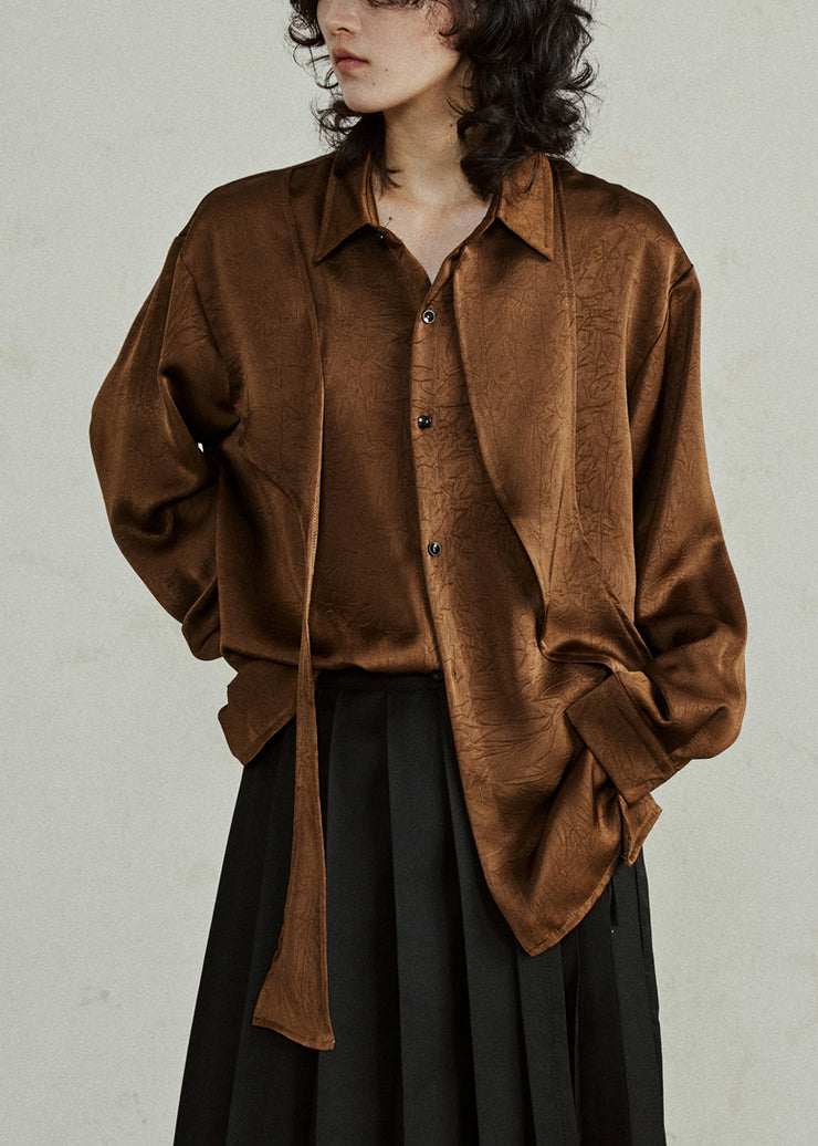 Brown Shirt Ribbon Peter Pan Collar Fall