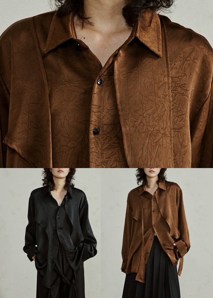 Brown Shirt Ribbon Peter Pan Collar Fall