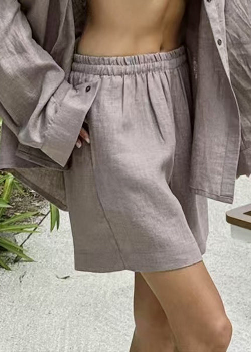 Brown Shirts And Shorts Cotton Two Pieces Set Peter Pan Collar