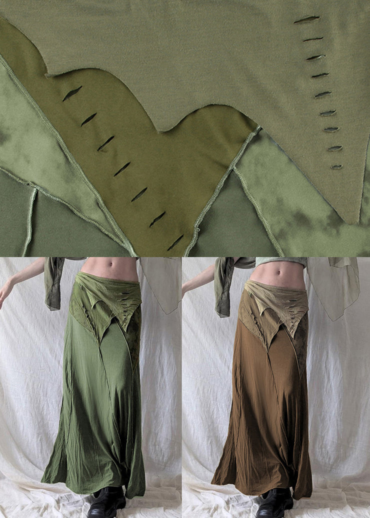 Brown Side Open Patchwork Cotton Summer Skirt Elastic Waist