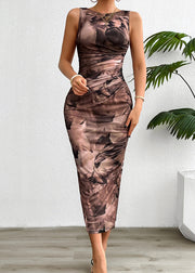 Brown Side Open Tulle Long Dress O Neck Summer