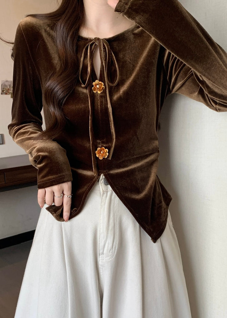 Brown Silm Fit Silk Velour Blouse Tops Side Open Lace Up Fall