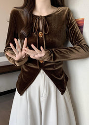 Brown Silm Fit Silk Velour Blouse Tops Side Open Lace Up Fall