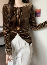 Brown Silm Fit Silk Velour Blouse Tops Side Open Lace Up Fall