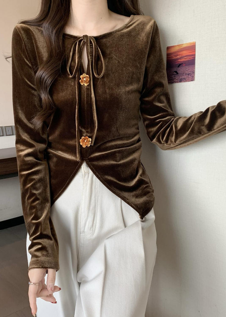 Brown Silm Fit Silk Velour Blouse Tops Side Open Lace Up Fall