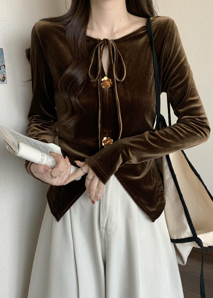 Brown Silm Fit Silk Velour Blouse Tops Side Open Lace Up Fall
