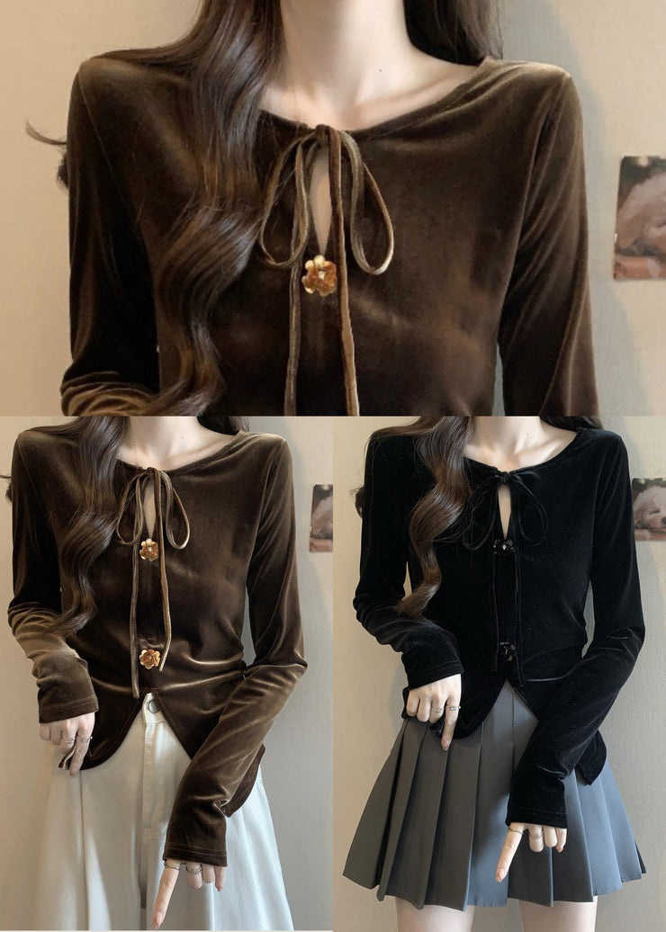 Brown Silm Fit Silk Velour Blouse Tops Side Open Lace Up Fall