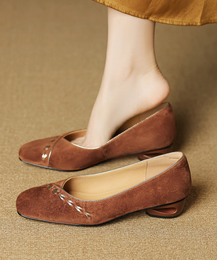 Brown Splicing Elegant Suede Chunky Shoes Square Toe