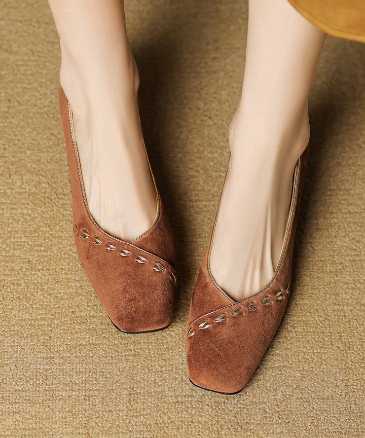 Brown Splicing Elegant Suede Chunky Shoes Square Toe