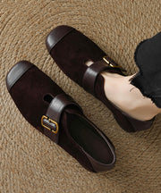 Brown Suede Buckle Strap Splicing Chunky Loafers For Women