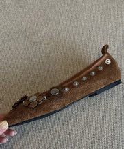 Brown Suede Floral Rivet Splicing Flat Shoes For Women