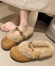 Brown Suede Slippers Shoes Splicing Fuzzy Wool Lined