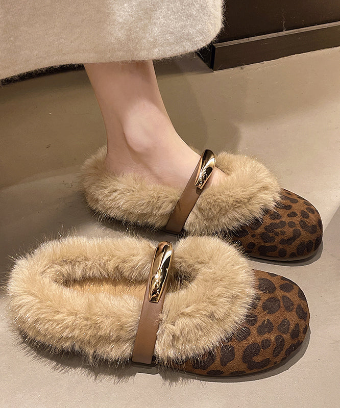 Brown Suede Slippers Shoes Splicing Fuzzy Wool Lined