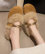 Brown Suede Slippers Shoes Splicing Fuzzy Wool Lined