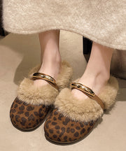 Brown Suede Slippers Shoes Splicing Fuzzy Wool Lined
