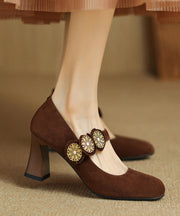 Brown Suede Splicing French High Heels Buckle Strap