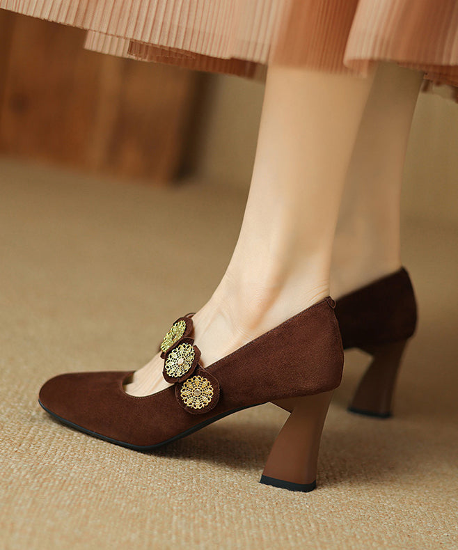 Brown Suede Splicing French High Heels Buckle Strap