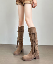 Brown Suede Tassel Splicing Chunky Heel Boots