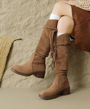 Brown Suede Tassel Wrinkled Splicing Boho Boots