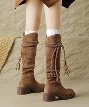 Brown Suede Tassel Wrinkled Splicing Boho Boots