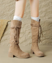 Brown Suede Tassel Wrinkled Splicing Boho Boots
