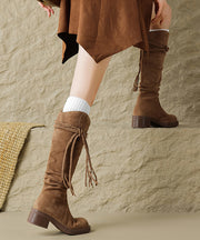 Brown Suede Tassel Wrinkled Splicing Boho Boots