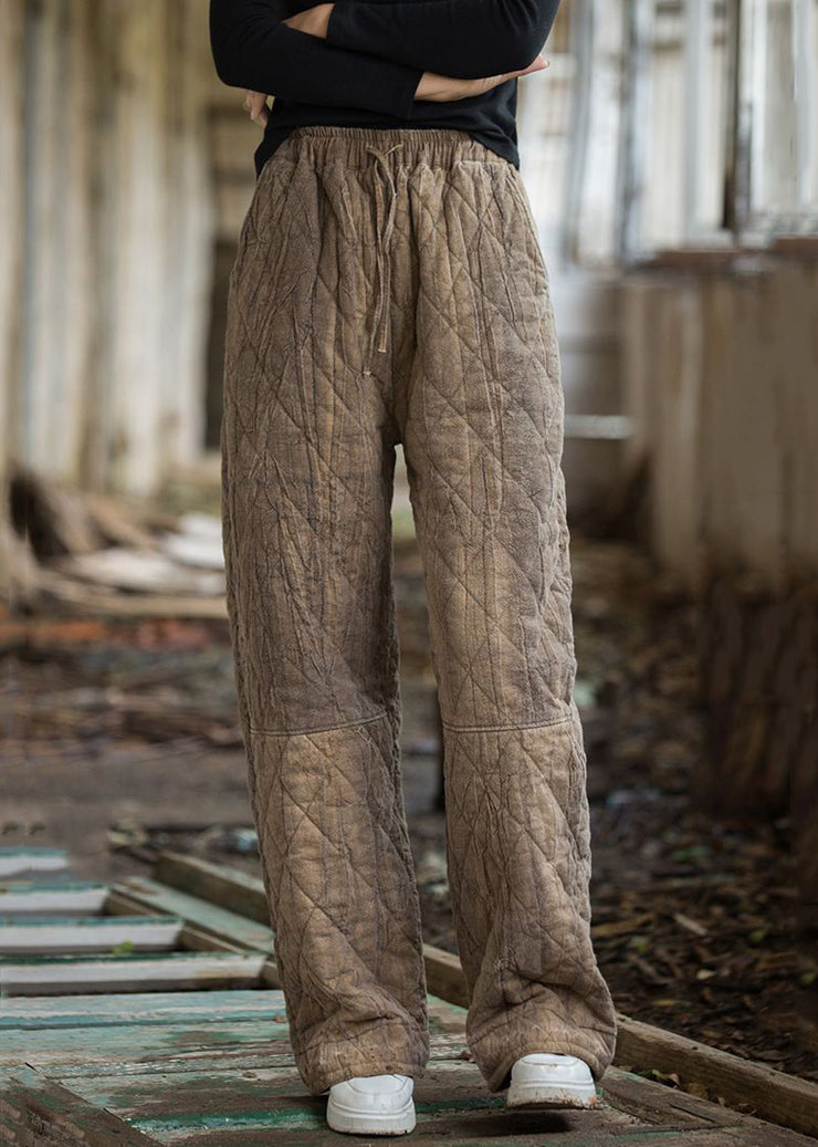 Brown Tie Dye Elastic Waist Cotton Filled Pants Plaid