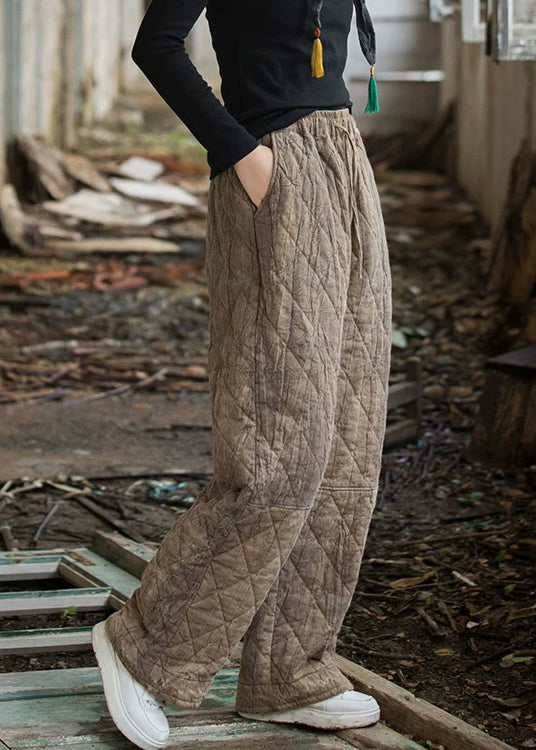 Brown Tie Dye Elastic Waist Cotton Filled Pants Plaid