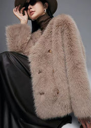 Brown Warm Faux Fox Fur Coats V Neck Double Breast Winter