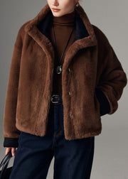 Brown Wear On Both Sides Pockets Faux Suede Coats Stand Collar