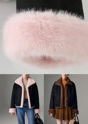 Brown Wear On Both Sides Pockets Faux Suede Coats Stand Collar