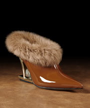 Brown Wedge Cowhide Leather Stylish Splicing Fuzzy Wool Lined