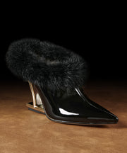 Brown Wedge Cowhide Leather Stylish Splicing Fuzzy Wool Lined