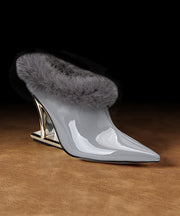 Brown Wedge Cowhide Leather Stylish Splicing Fuzzy Wool Lined