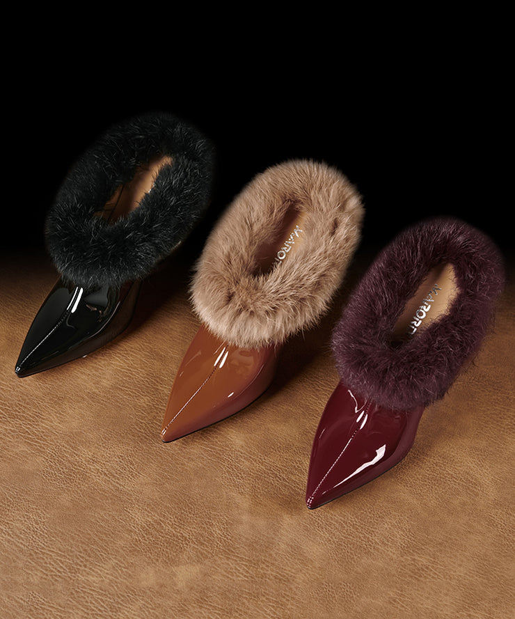 Brown Wedge Cowhide Leather Stylish Splicing Fuzzy Wool Lined