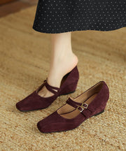 Brown Wedge Heels Shoes Suede New Splicing Buckle Strap