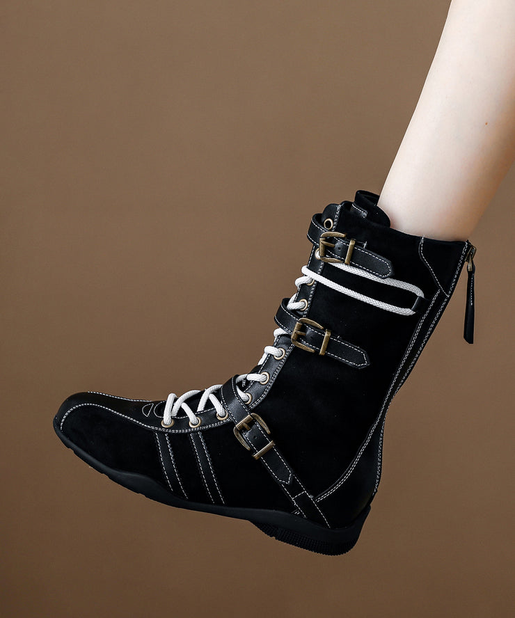 Brown Wedge Suede Stylish Lace Up Zippered Splicing Boots