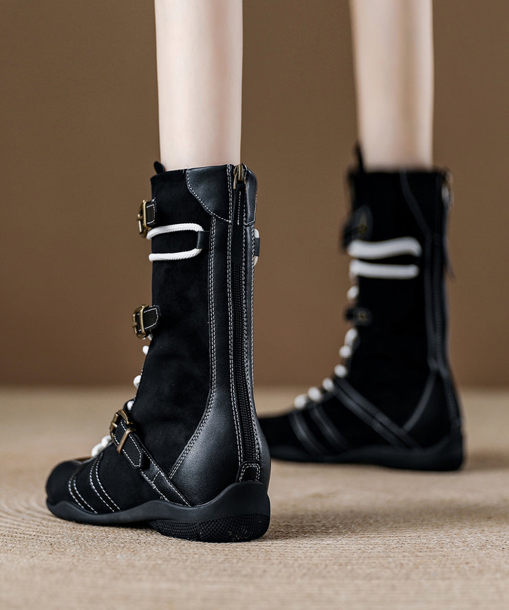 Brown Wedge Suede Stylish Lace Up Zippered Splicing Boots