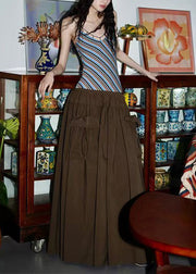 Brown Wrinkled Pockets Patchwork Cotton Sleeveless Long Dresses Striped