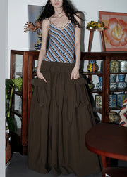 Brown Wrinkled Pockets Patchwork Cotton Sleeveless Long Dresses Striped