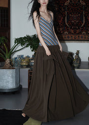 Brown Wrinkled Pockets Patchwork Cotton Sleeveless Long Dresses Striped